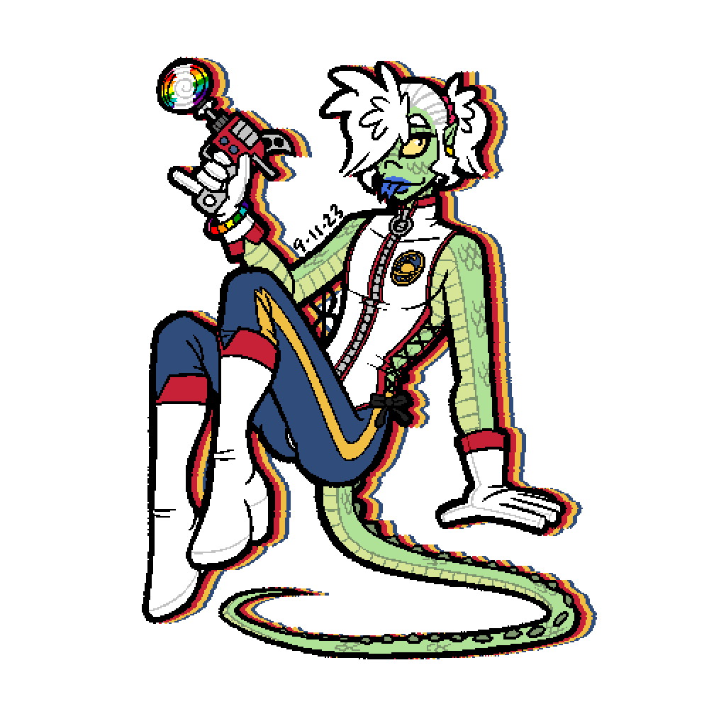 a feminine-looking anthropomorphic lizard boy with fluffy white hair and green scales, wearing a colorful form-fitting space ranger costume. he's sticking his tongue out at the viewer and daintily holding a toy ray gun with a lollipop sticking out of the barrel.