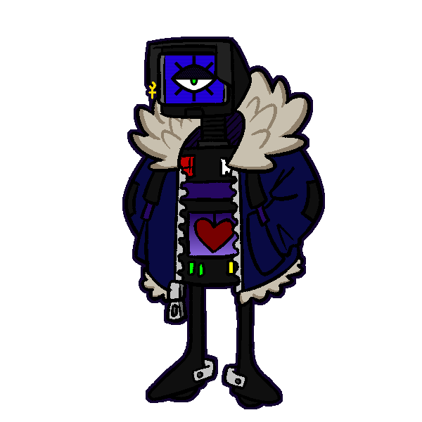A funny little computer guy made up of found parts; a portable TV screen, a shop vac, etc. The screen making up his face displays a large, half-lidded eyeball. His smug aura mocks you.